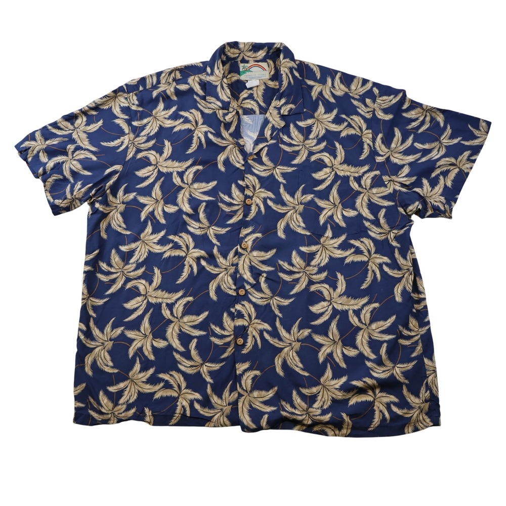 Paradise Found Mens 2X Hawaiian Shirt Navy Blue Palm Tree Rayon Made in Hawaii